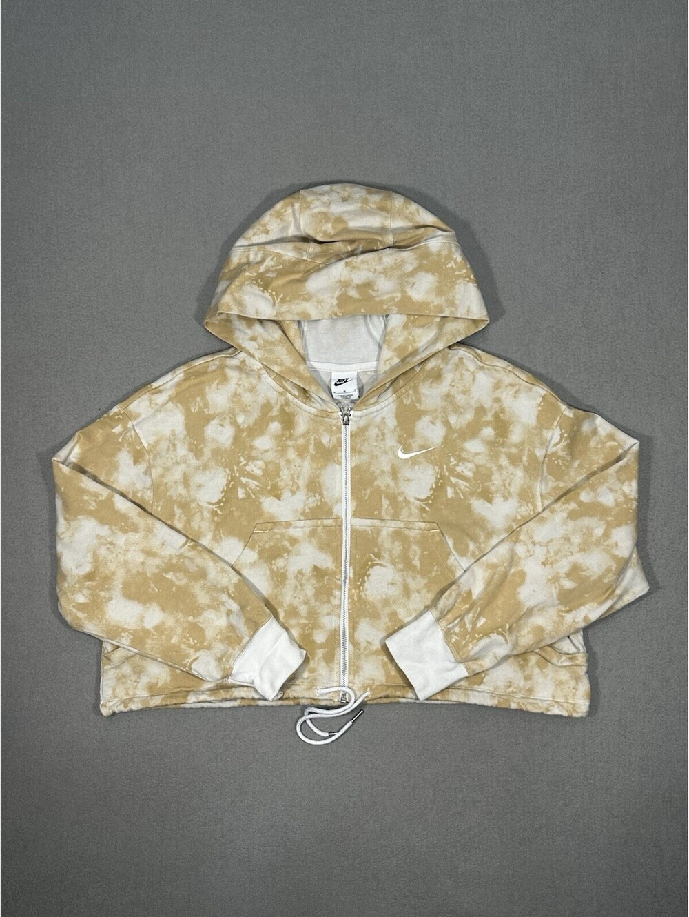 Nike Women Cropped Tie Dye Hoodie Medium Tan White Full Zip Sweatshirt